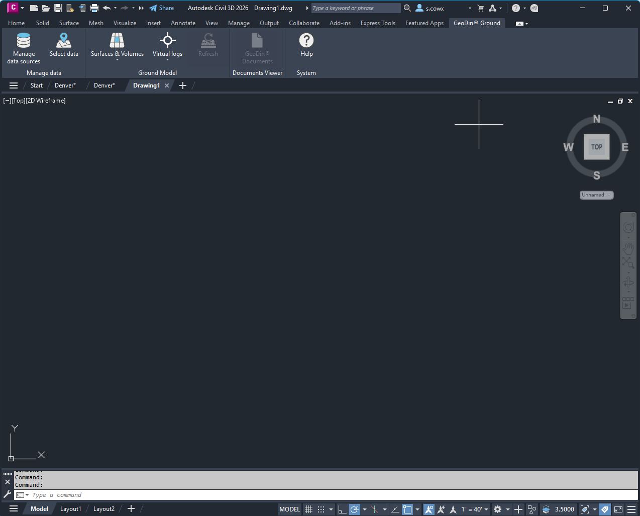 Civil 3D with the GeoDin Ground panel open in the ribbon