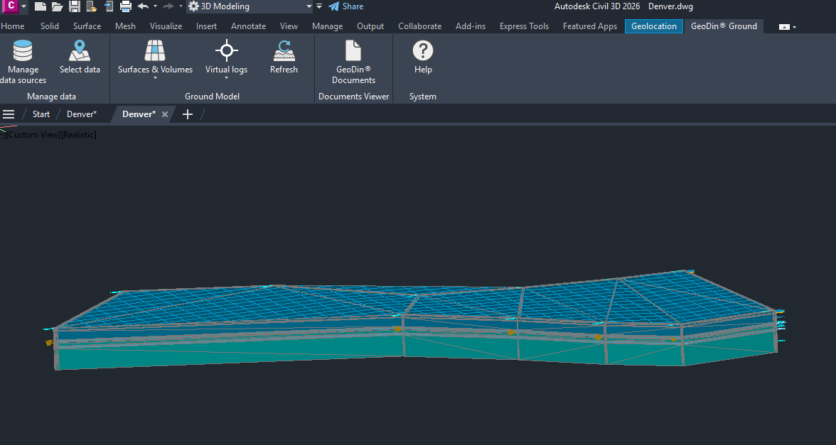Civil 3D showing the generated ground model surface alongside the borehole sticks